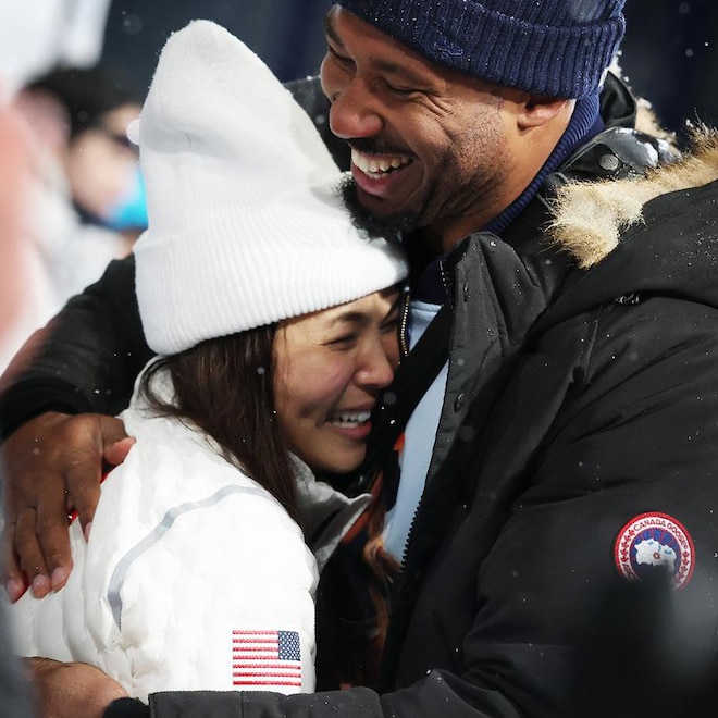 Silver medalist Chloe Kim of Team United States celebrates with boy friend Myles Garrett